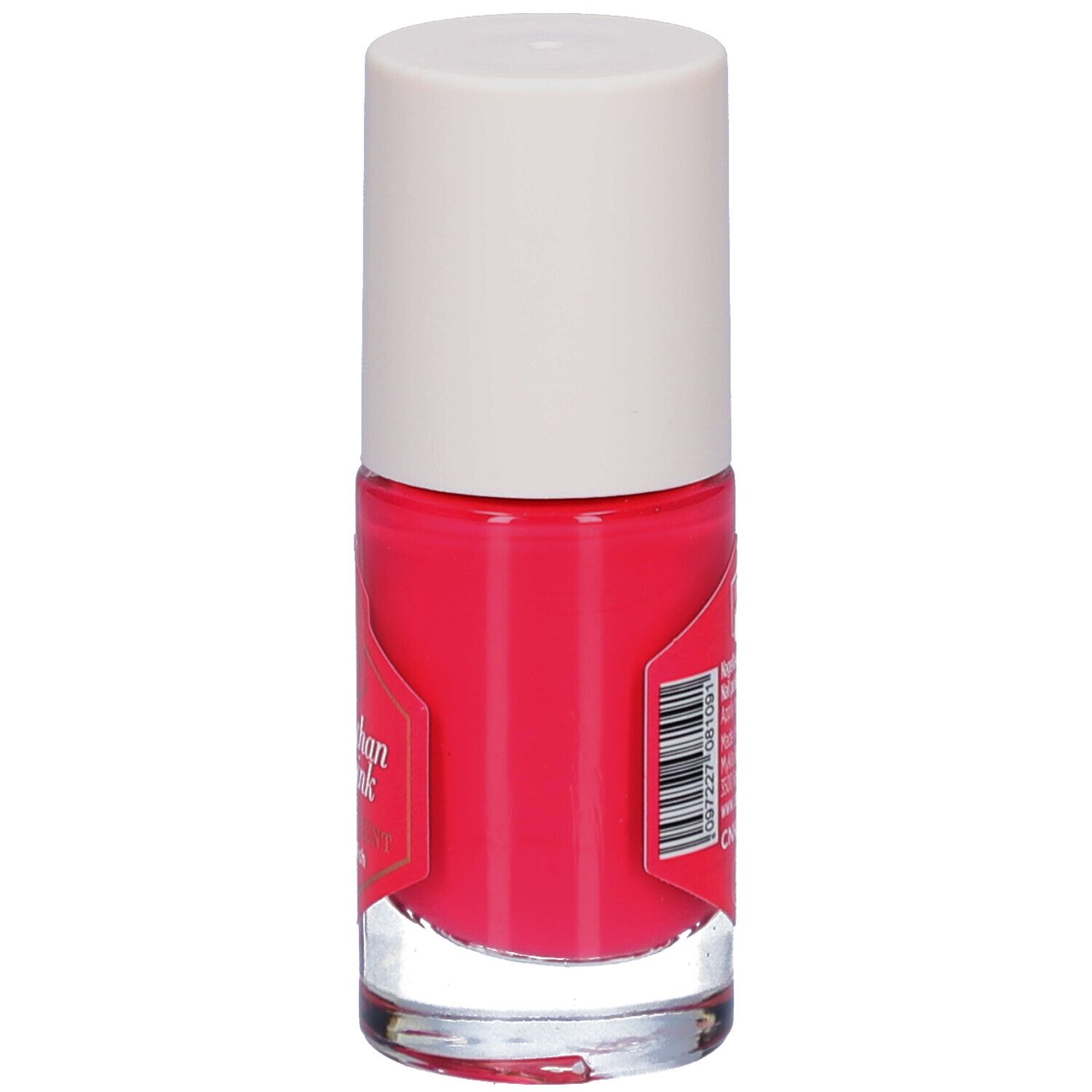 Nagellackflasche mit rosa Inhalt und weißem Deckel. Auf dem Etikett sind Informationen zum Produkt abgebildet.