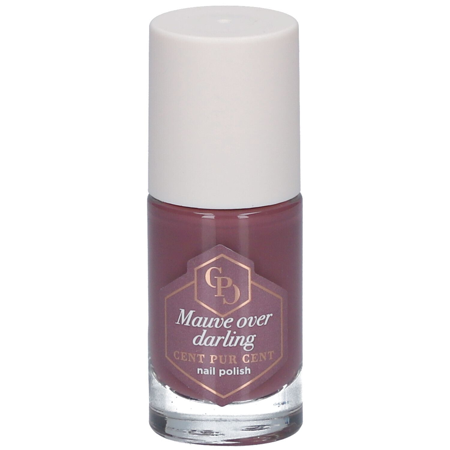 Nagellackflasche mit weißem Deckel. Auf dem Etikett steht "Mauve over darling" und "CENT PUR CENT nail polish".