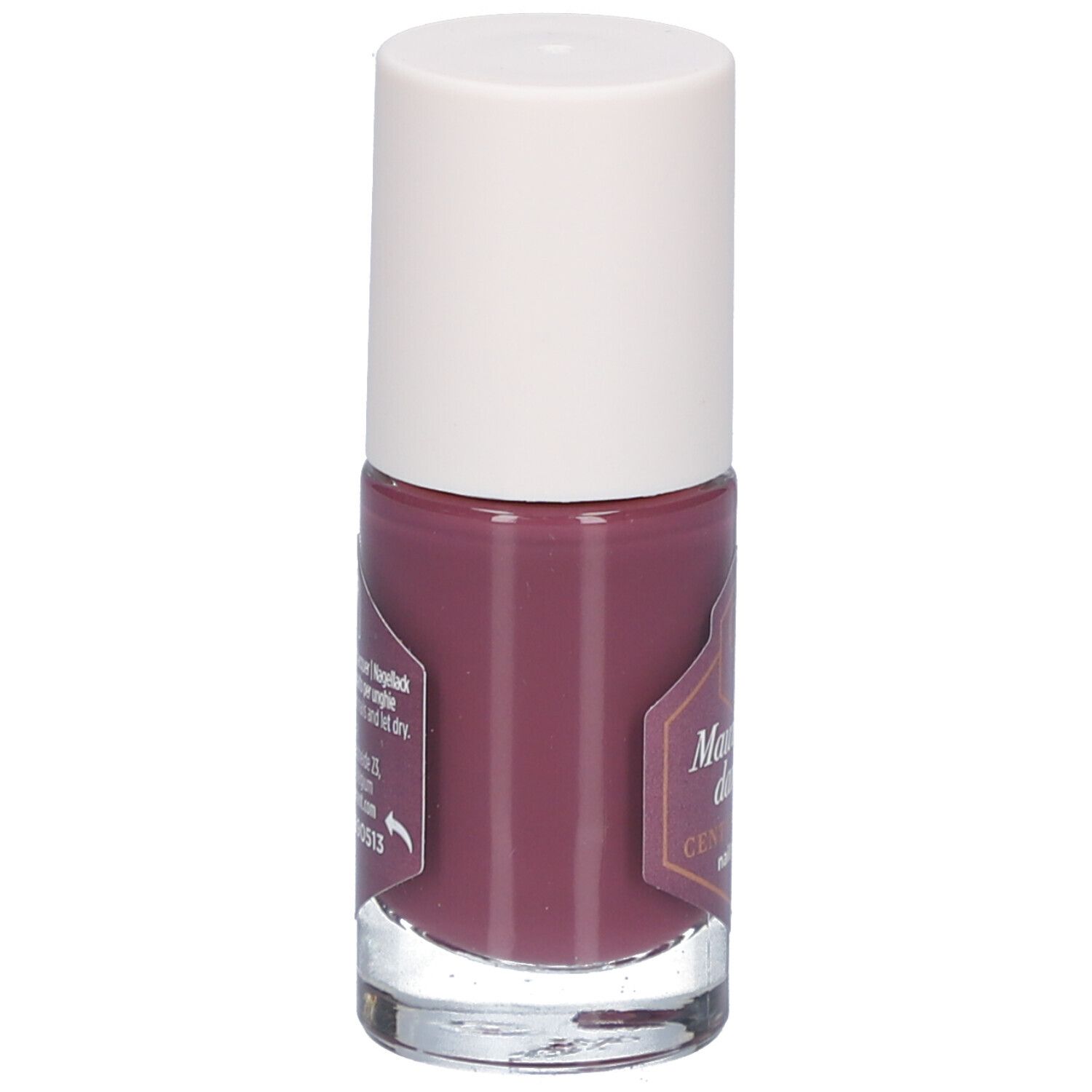 Nagellackflasche mit weißem Deckel. Auf dem Etikett steht "Mauve over darling" und "CENT PUR CENT nail polish".
