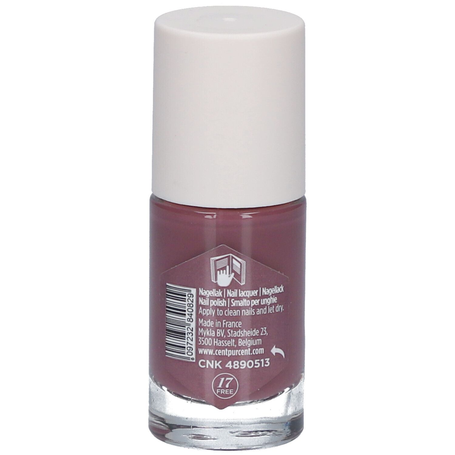 Nagellackflasche mit weißem Deckel. Rückseite mit Text und Barcode. Enthält Informationen über die Anwendung.