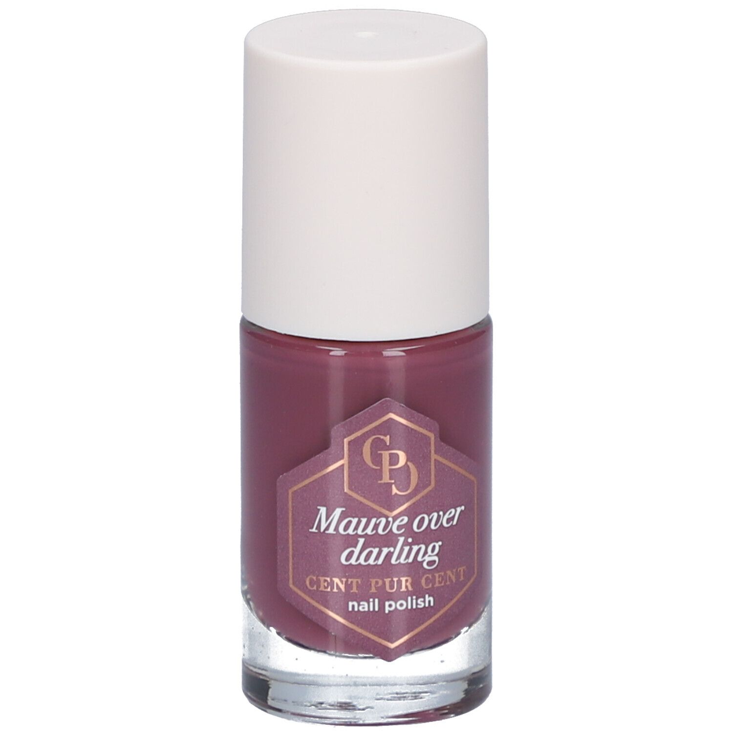 Nagellackflasche mit weißem Deckel. Auf dem Etikett steht "Mauve over darling" und "CENT PUR CENT nail polish".