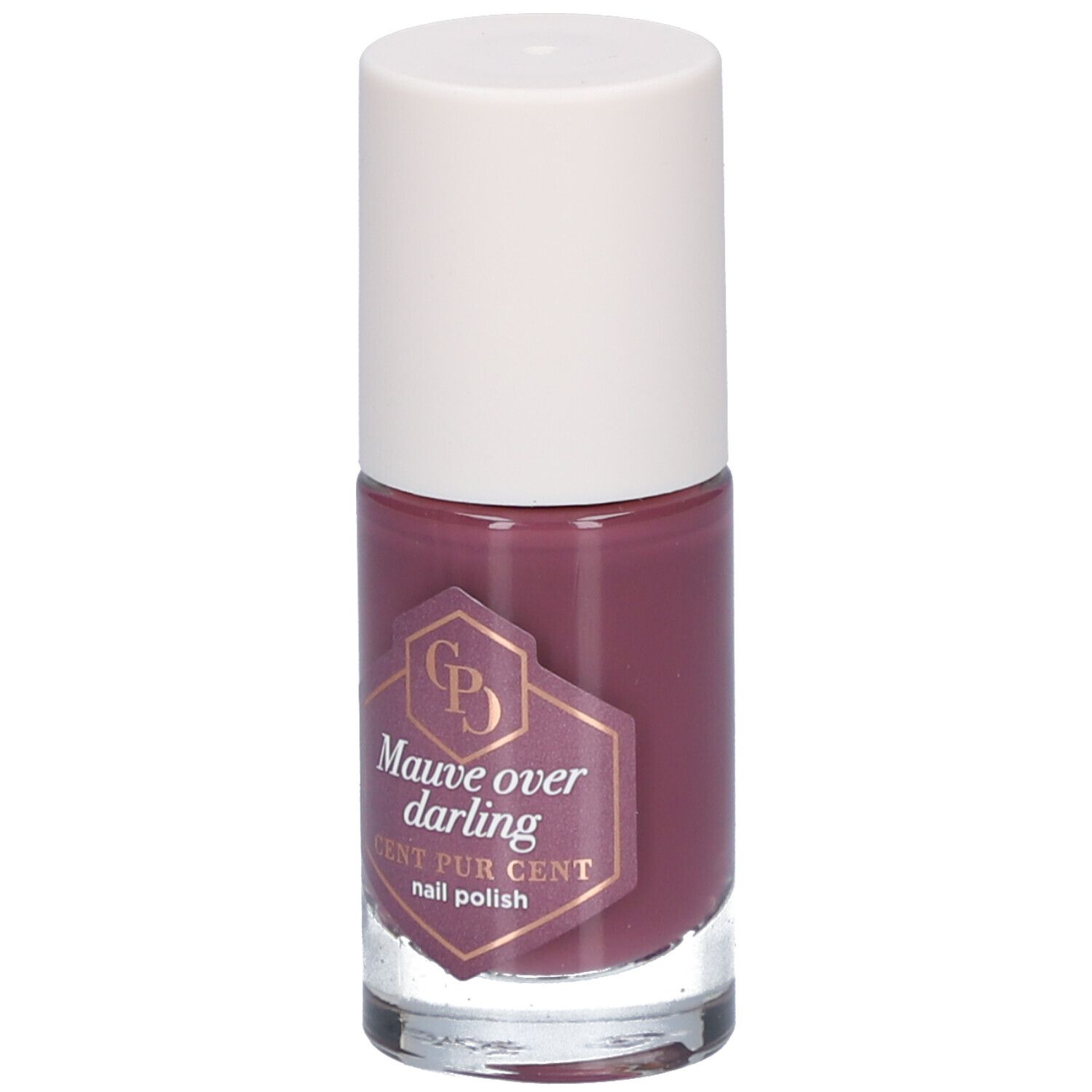 Nagellackflasche mit weißem Deckel. Auf dem Etikett steht "Mauve over darling" und "CENT PUR CENT nail polish".