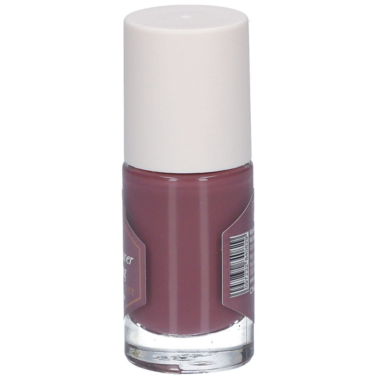 Nagellackflasche mit weißem Deckel. Auf dem Etikett steht Text und Barcode.