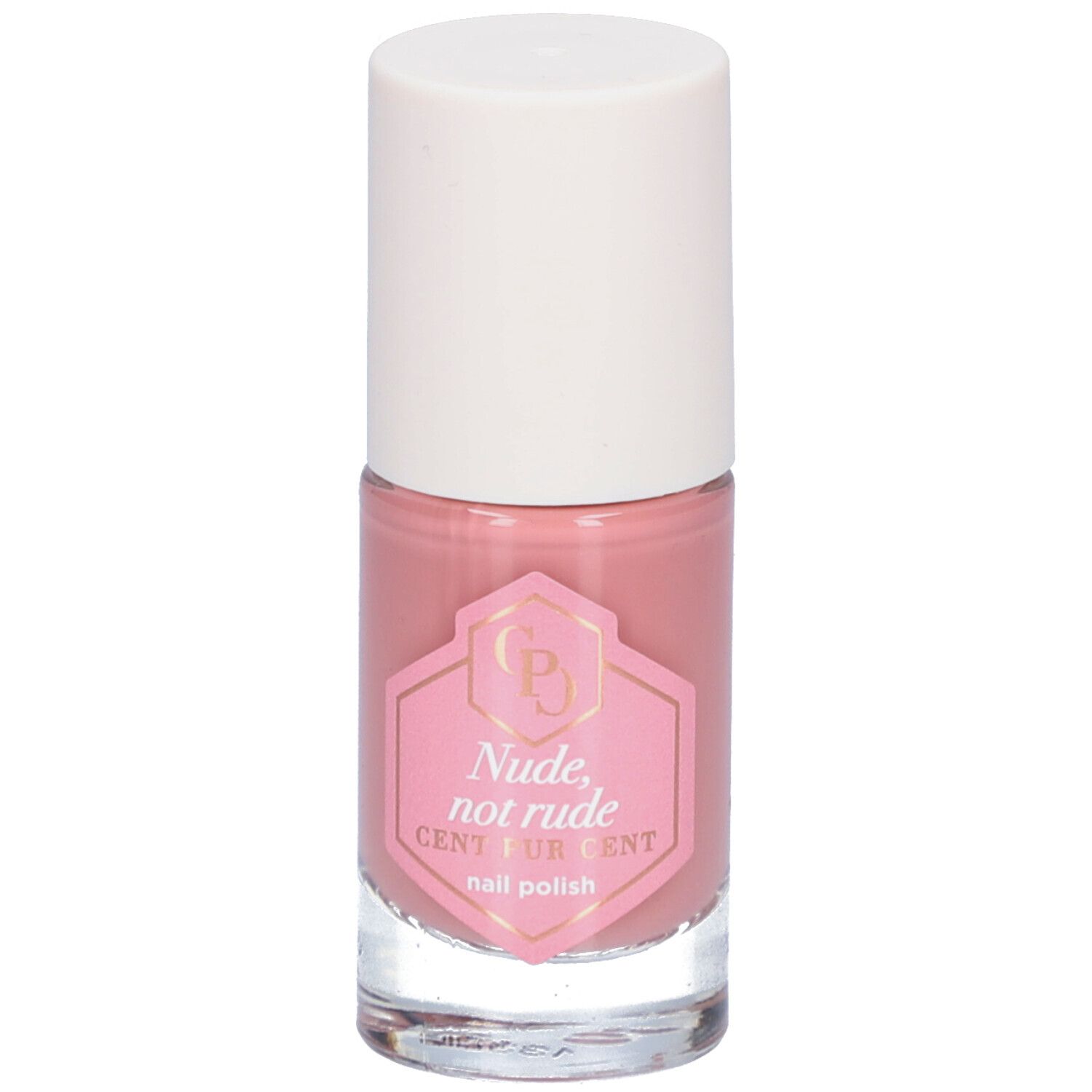 Nagellackflasche mit rosa Inhalt und weißem Deckel. Aufkleber mit Text: Nude, not rude, Cent Pur Cent.