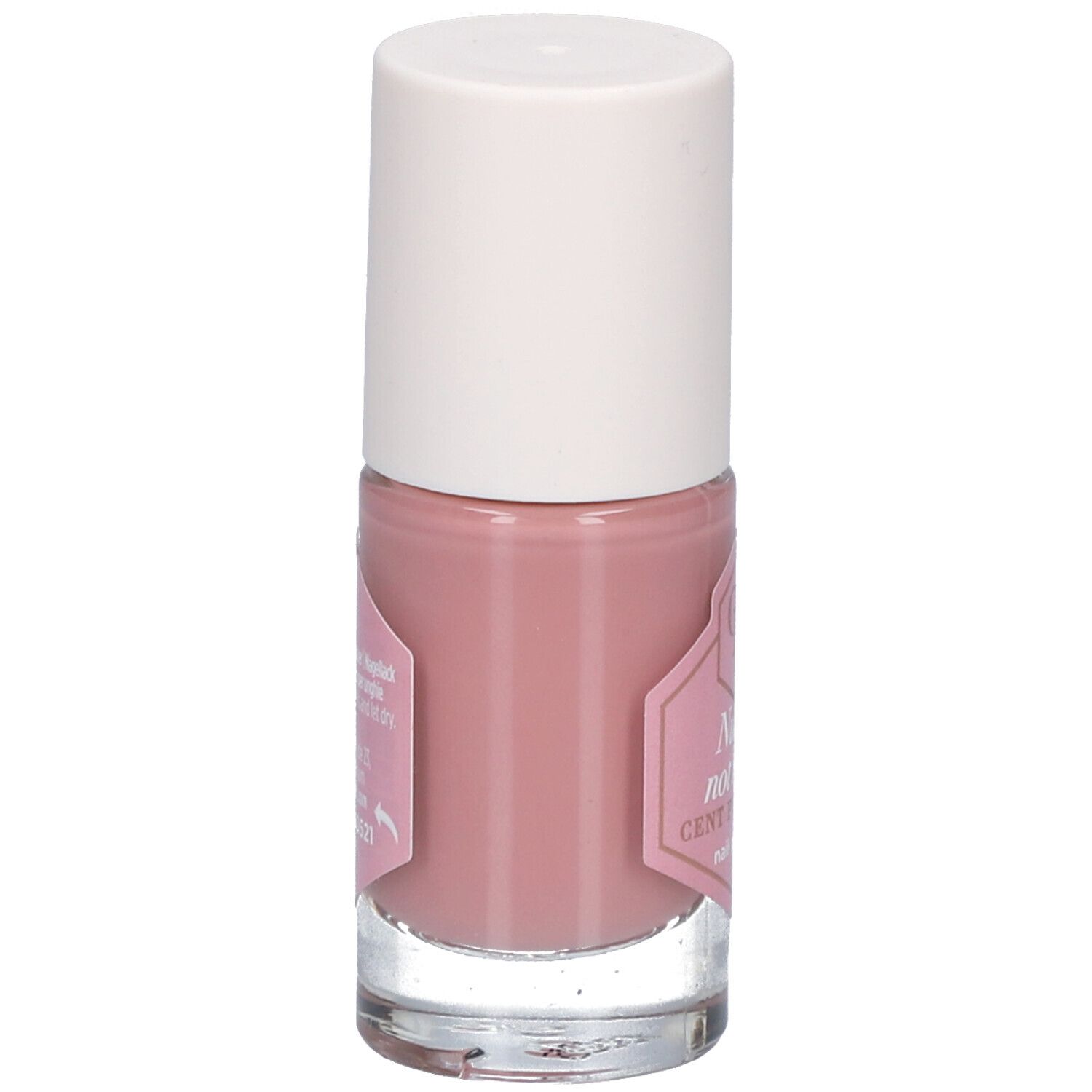 Nagellackflasche mit rosa Inhalt und weißem Deckel. Rückseite mit Text und Barcode.