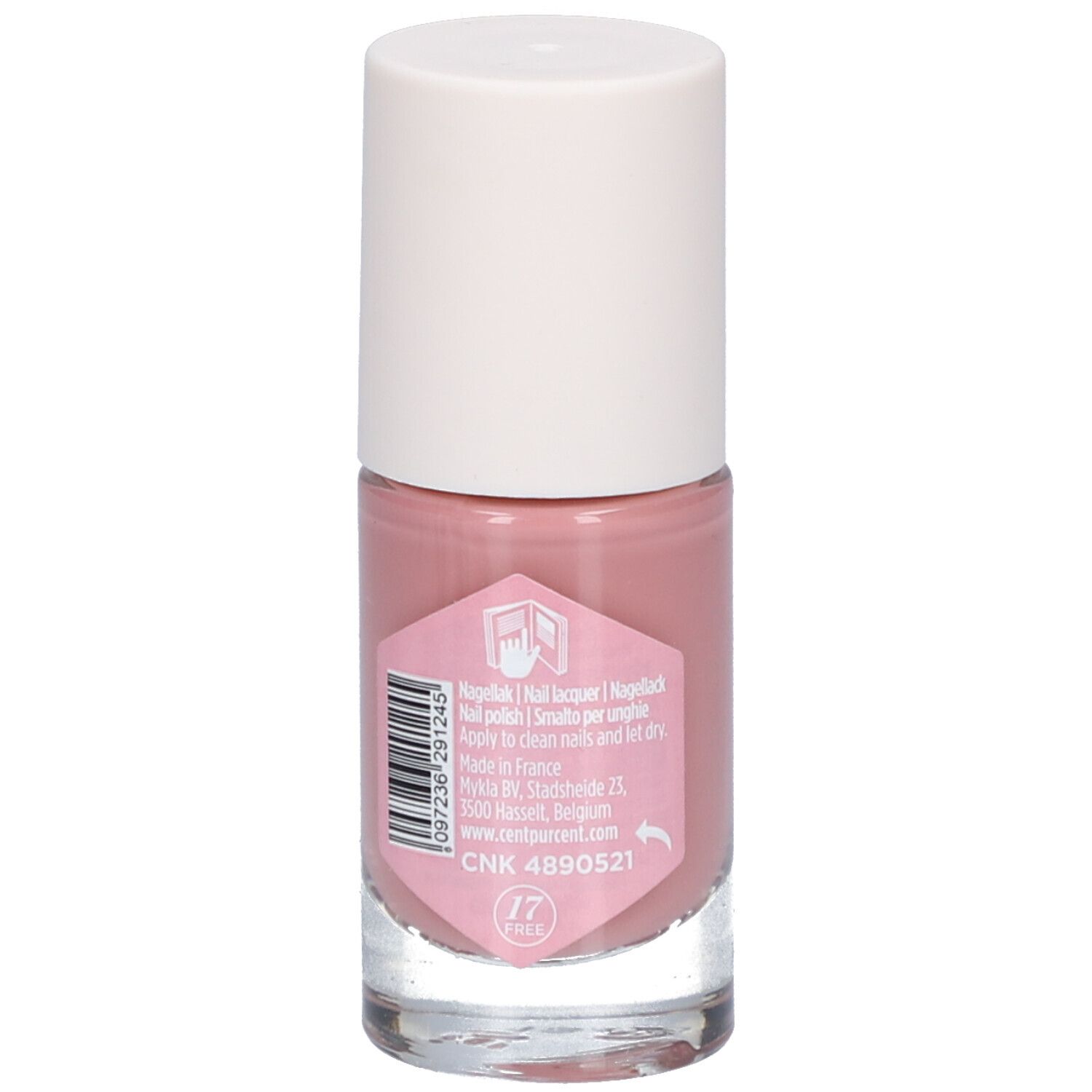 Nagellackflasche mit rosa Inhalt und weißem Deckel. Rückseite mit Text, Barcode und Nummer 17.