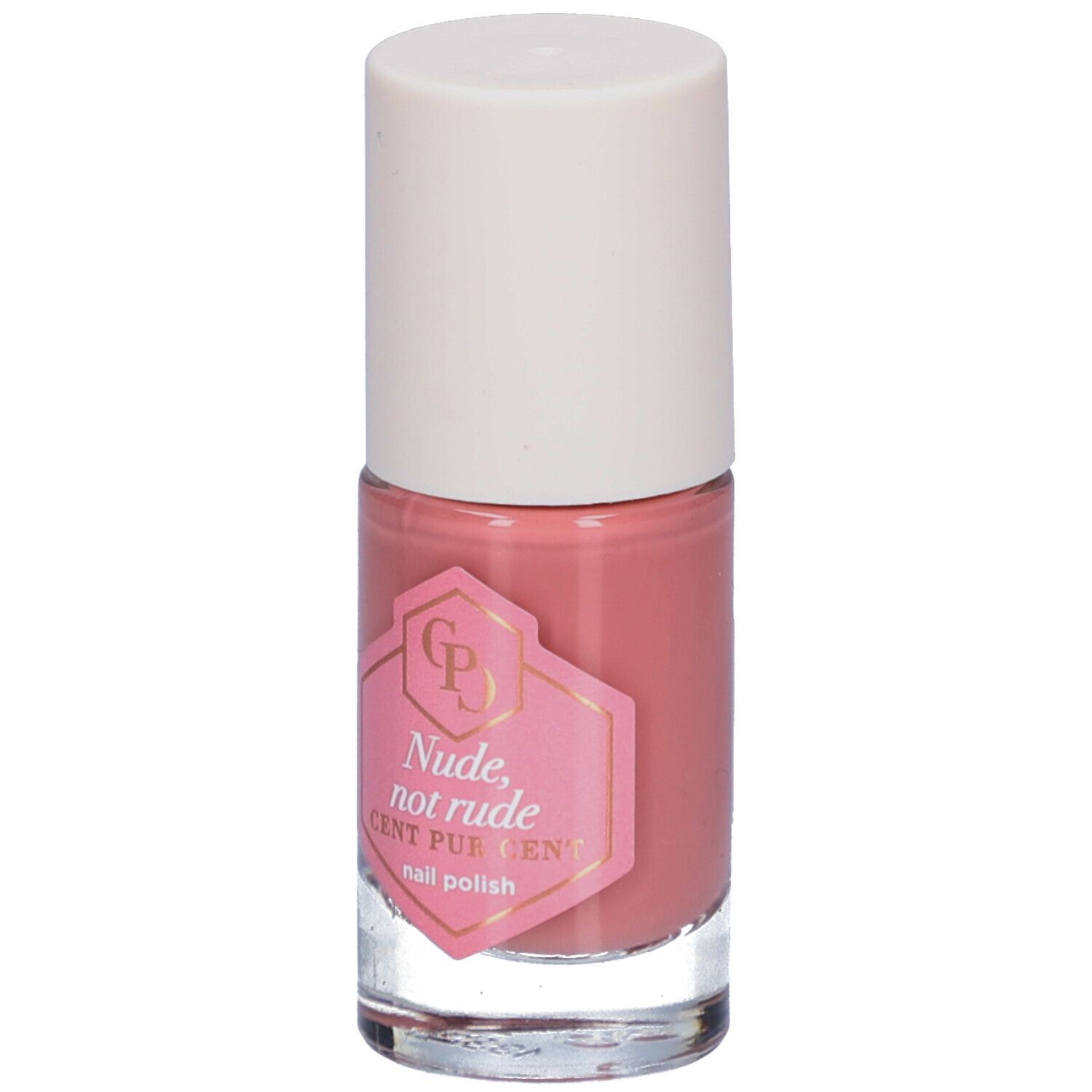 Nagellackflasche mit rosa Inhalt und weißem Deckel. Aufkleber mit Text: Nude, not rude, Cent Pur Cent.
