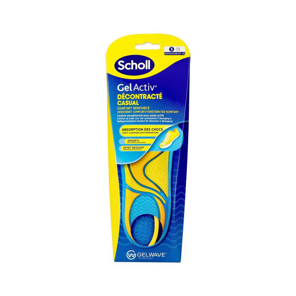 Semelles Scholl Gel Activ® Décontracté dans un emballage. Semelle jaune et bleue avec nom et caractéristiques.