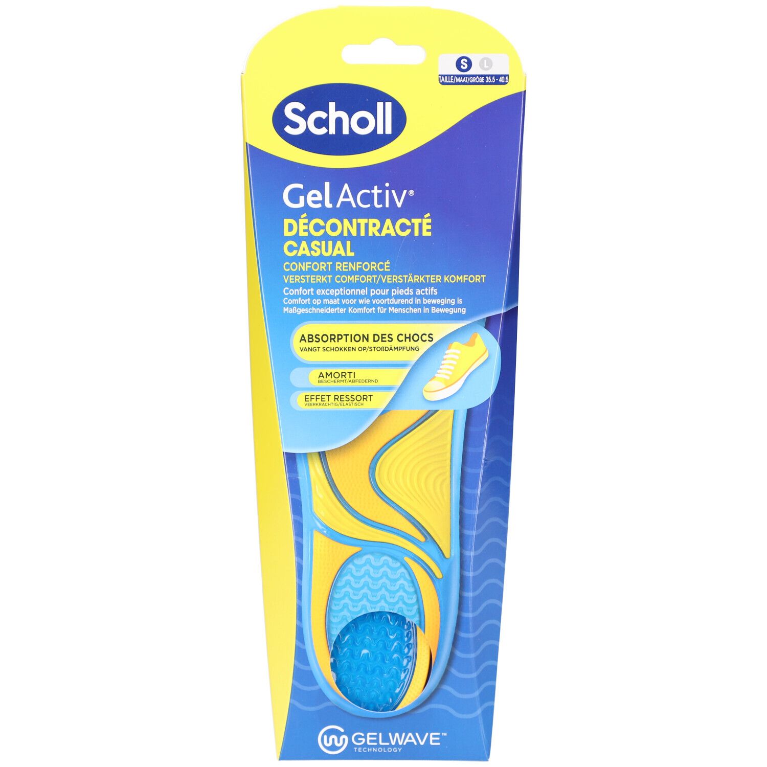 Scholl Gel Activ® Décontracté Einlegesohlen in Verpackung. Gelb-blaue Sohle mit Produktnamen und Eigenschaften.
