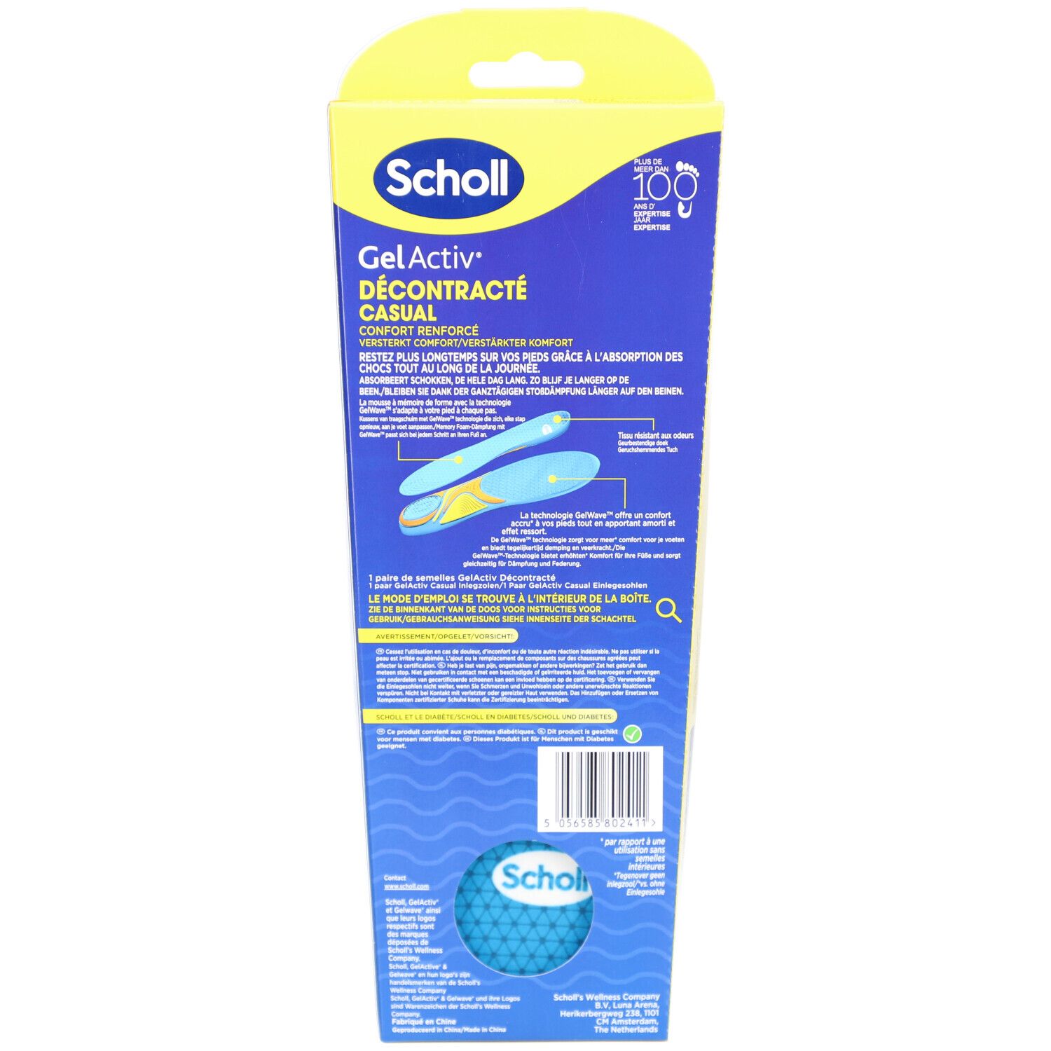 Rückseite der Scholl Gel Activ® Décontracté Verpackung. Produktinformationen, Sohlenabbildung und Barcode.