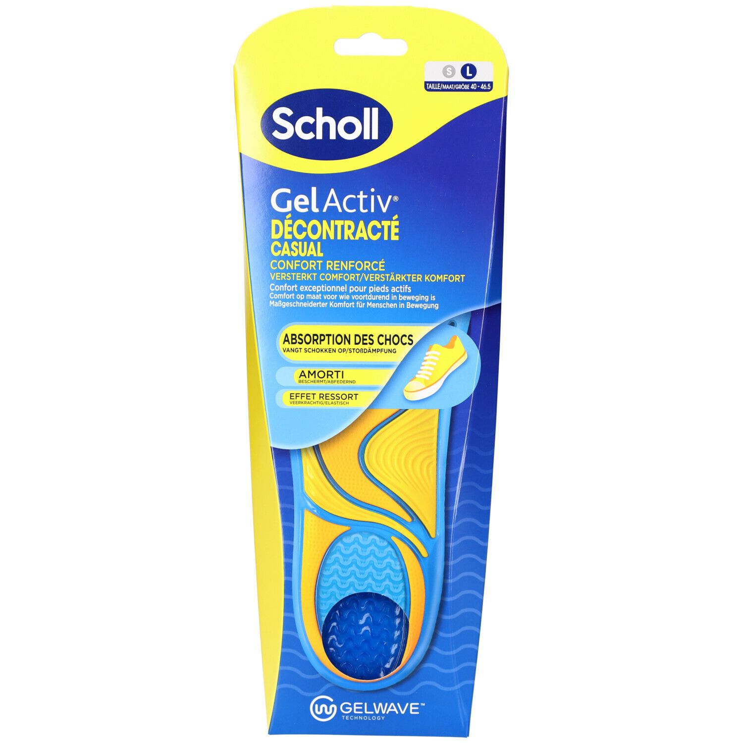 Verpackung mit blauen und gelben Einlegesohlen. Aufschrift: Scholl Gel Activ Casual. Größe L.