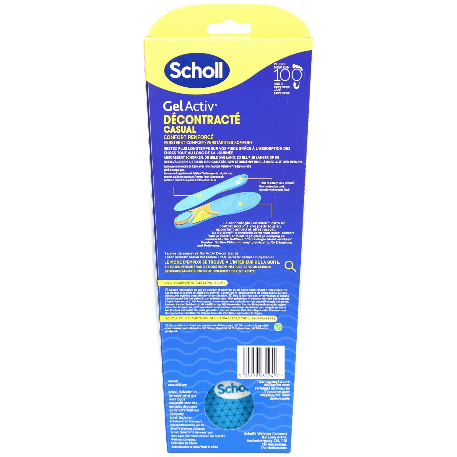 Rückseite der Verpackung mit blauen und gelben Einlegesohlen. Text und Illustrationen. Marke Scholl.