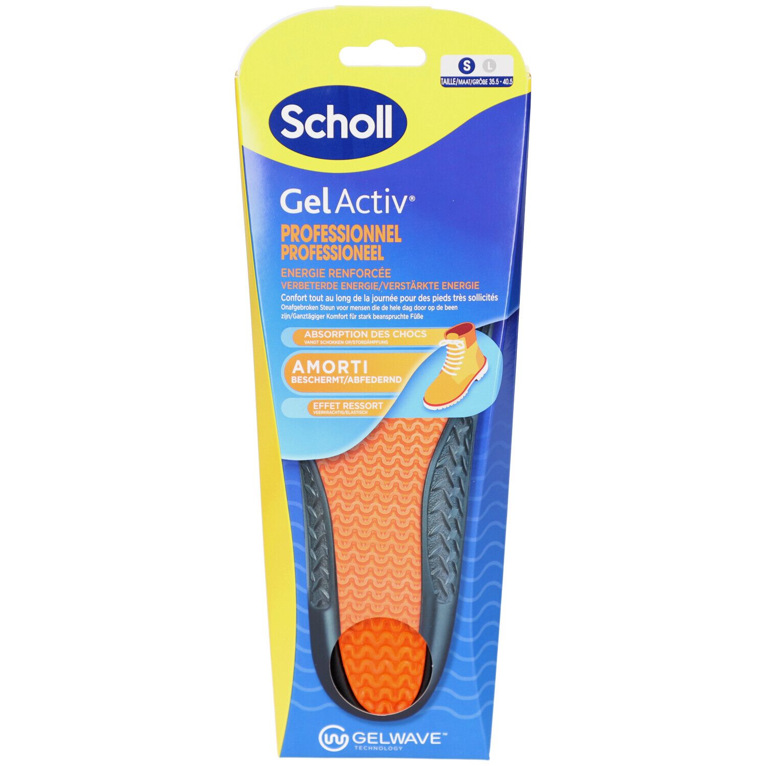 Scholl GelActiv Einlegesohlen. Orangefarbene und schwarze Einlegesohle in Verpackung. Marke und Produktbezeichnung sichtbar.