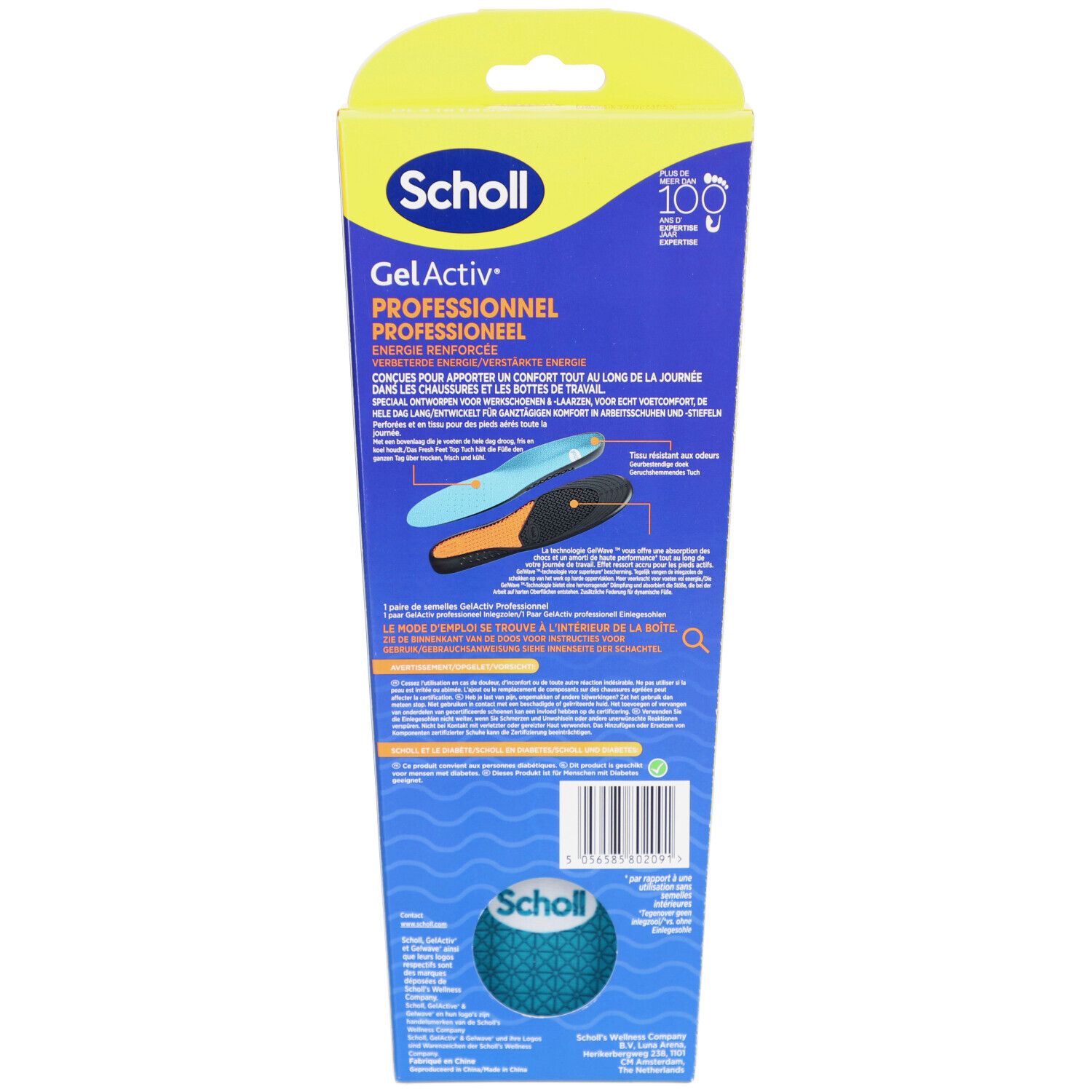 Rückseite der Scholl GelActiv Verpackung. Produktinformationen und Marke sichtbar. Blaue und schwarze Einlegesohlen abgebildet.