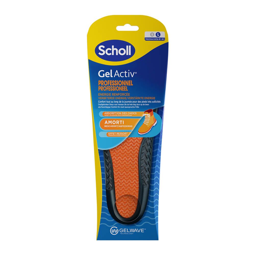 Semelle Scholl Gel Activ® Professional dans son emballage. Semelle orange avec bord noir. Logos Gel Activ® et Gelwave.