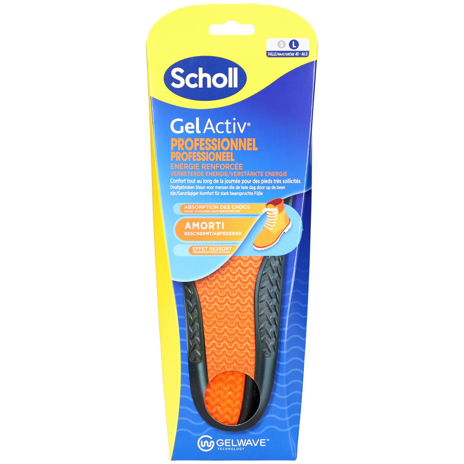 Scholl Gel Activ® Professional Einlegesohle in Verpackung. Orangefarbene Sohle mit schwarzem Rand. Gel Activ® und Gelwave Logo.