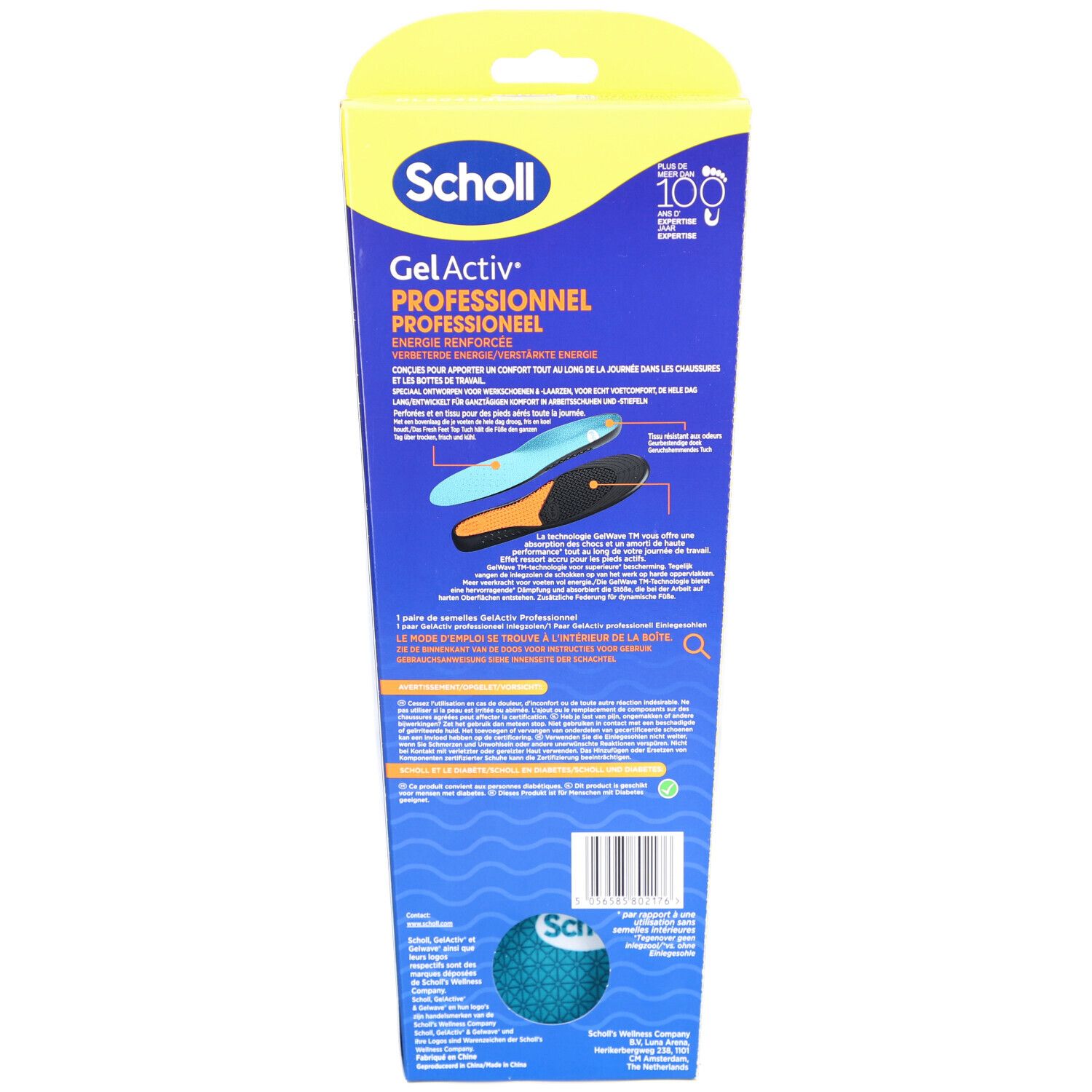 Rückseite der Scholl Gel Activ® Professional Verpackung. Produktabbildung und Text in mehreren Sprachen. Logo Scholl.