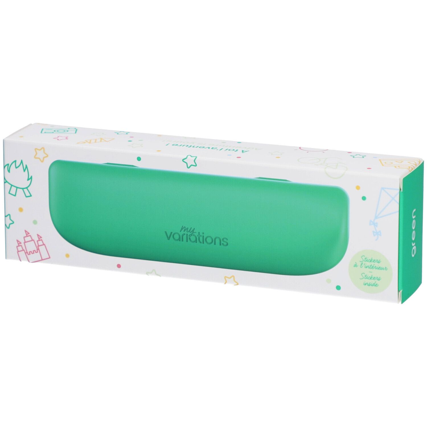 Étui de transport vert pour brosse à dents enfant, en emballage. Marque : myvariations. Emballage vert et blanc avec illustrations.
