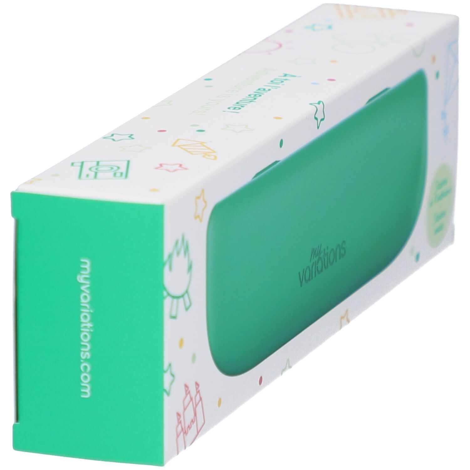 Étui de transport vert pour brosse à dents enfant, en emballage. Marque : myvariations. Emballage avec illustrations et logo.
