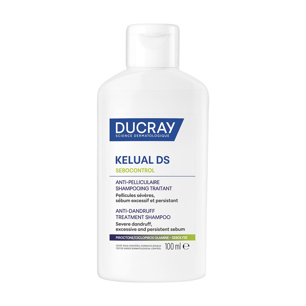Weiße Flasche Ducray Kelual DS Shampoo, 100 ml.
