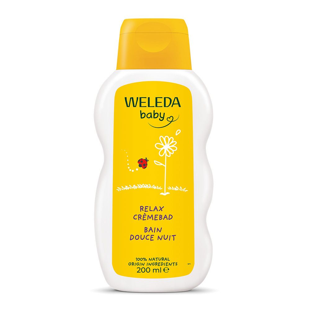 Flacon Weleda Baby Relax Crèmebad, blanc et jaune. Étiquette avec texte: Weleda Baby, Relax Crèmebad, Bain Douce Nuit. Contenance: 200 ml.