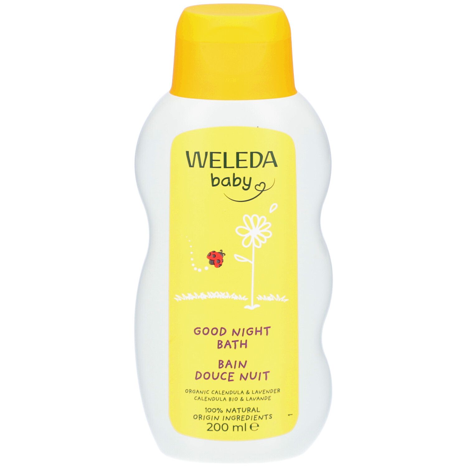 Weleda Baby Badezusatz. Weiße Flasche mit gelbem Deckel und Etikett. Aufschrift: Weleda Baby, Good Night Bath, Bain Douce Nuit. 200 ml.