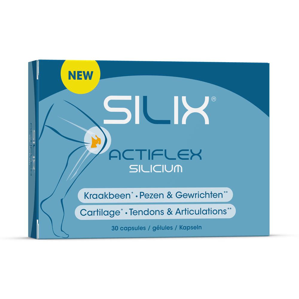Boîte bleue 'SILIX Actiflex Silicium'. Illustration genou. '30 capsules'. Étiquette 'NEW'.