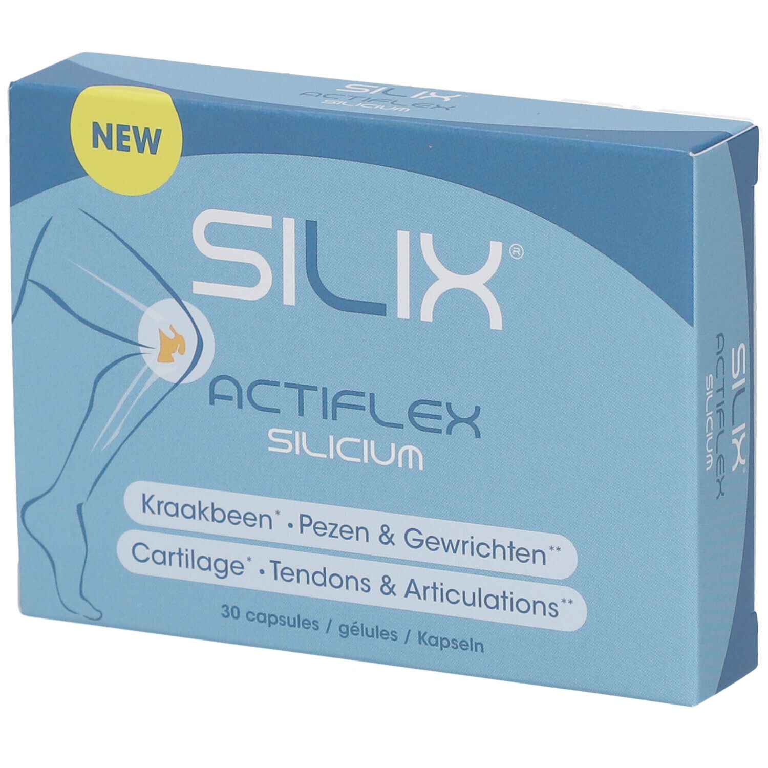 Blauwe doos met 'SILIX Actiflex Silicium'. Illustratie van een knie. '30 capsules'. 'NEW' label.