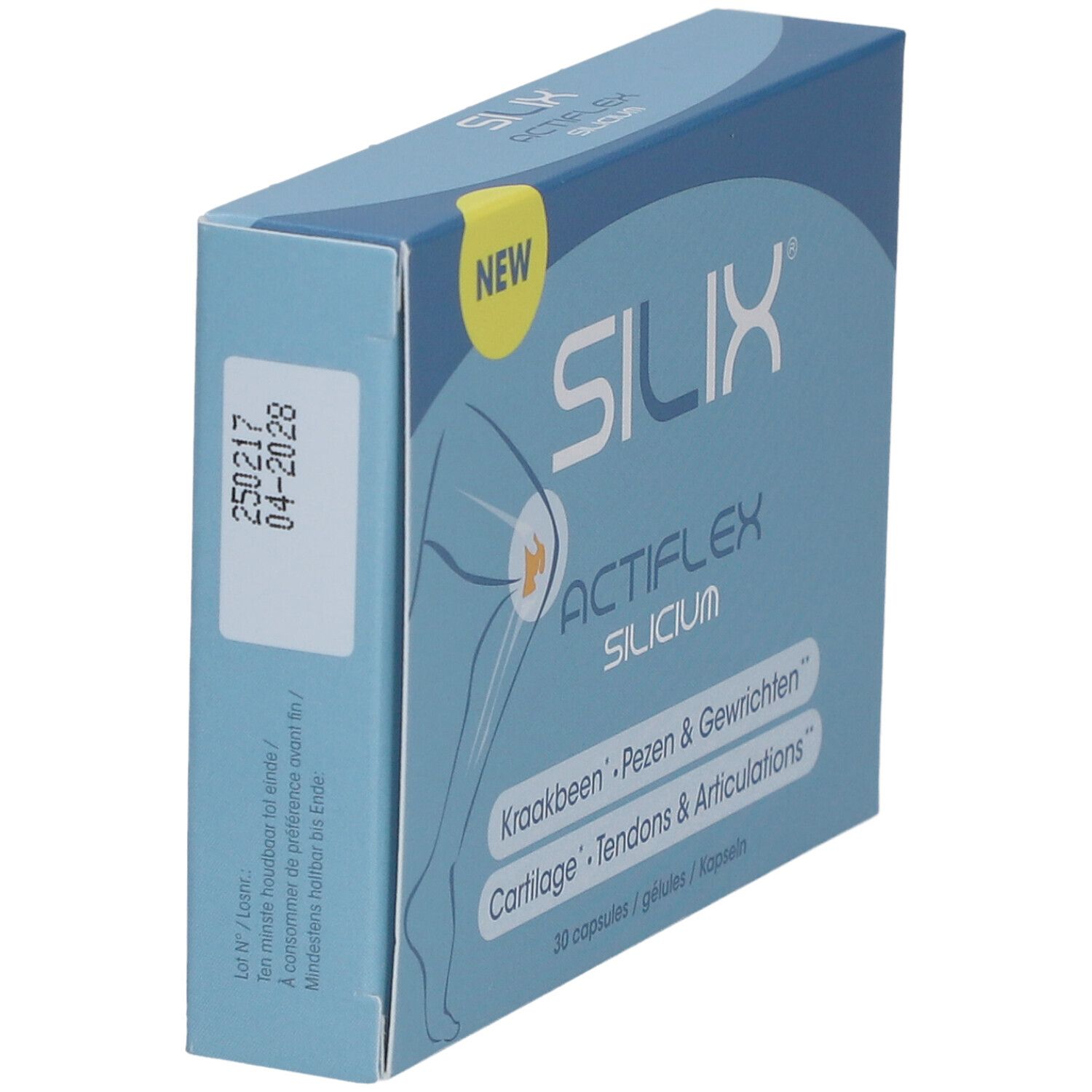 Blaue Schachtel 'SILIX Actiflex Silicium'. Seitenansicht. 'NEW' Label. Datumsangabe.