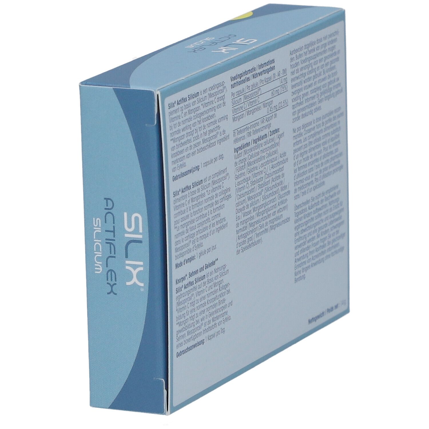 Schachtel 'SILIX Actiflex Silicium'. Seitenansicht. Text und Informationen.