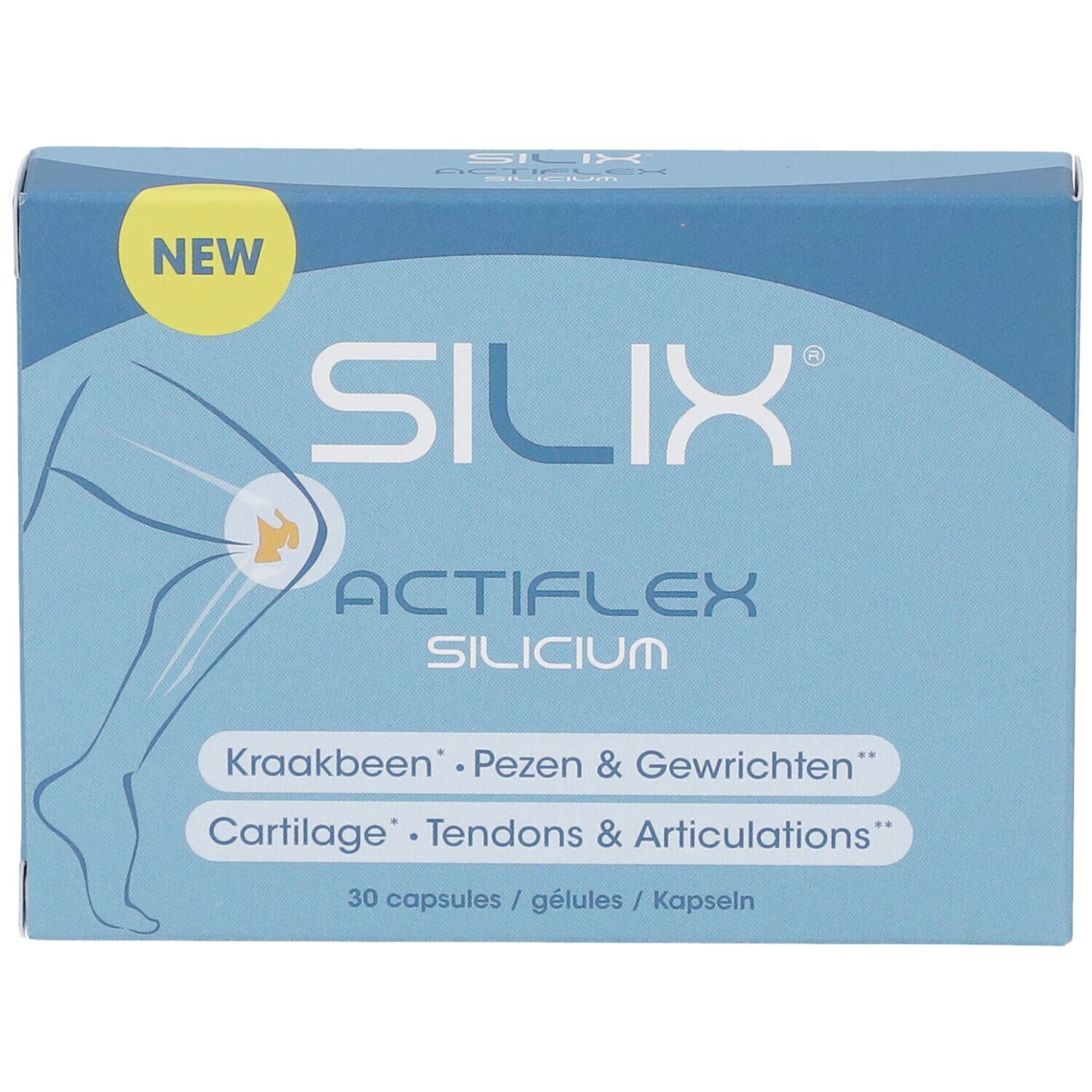 Blaue Schachtel 'SILIX Actiflex Silicium'. Illustration Knie. '30 capsules'. 'NEW' Label.