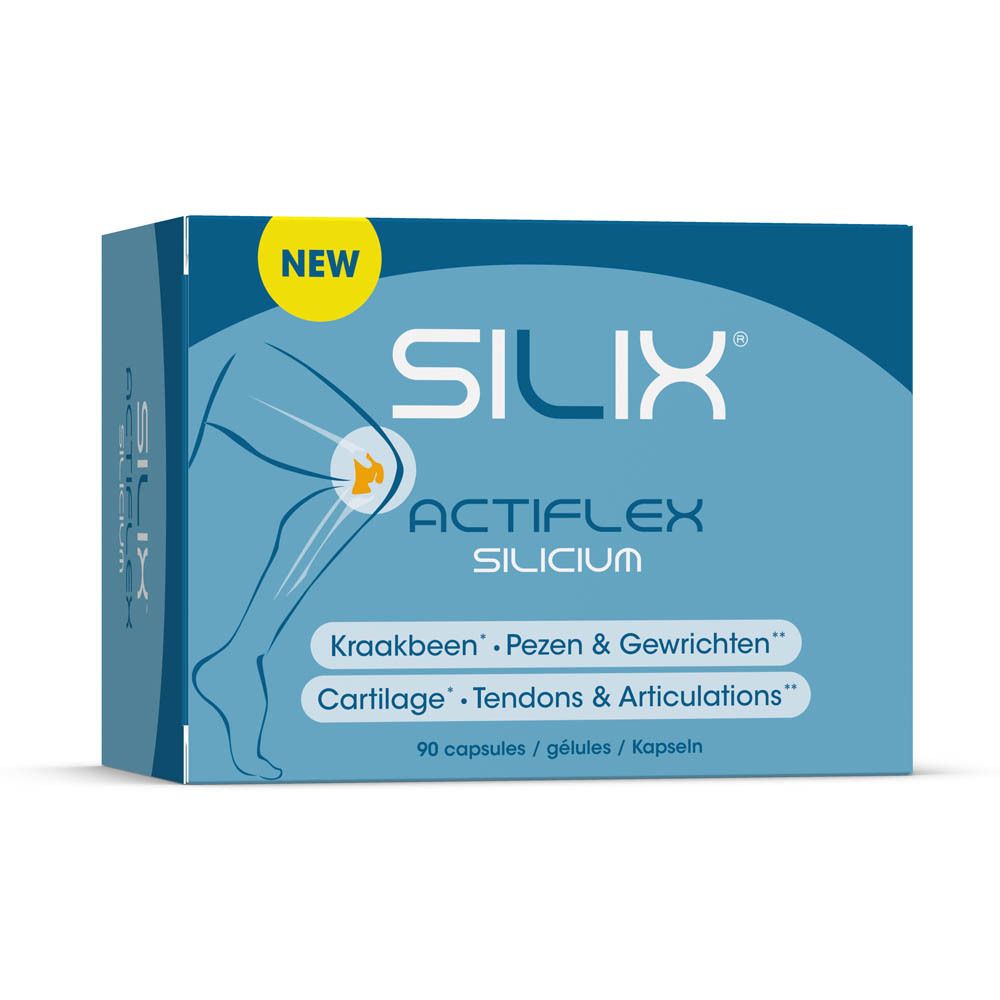 Boîte bleue et blanche "SILIX ACTIFLEX SILICIUM". Inscription : Cartilage, Tendons & Articulations. 90 gélules.