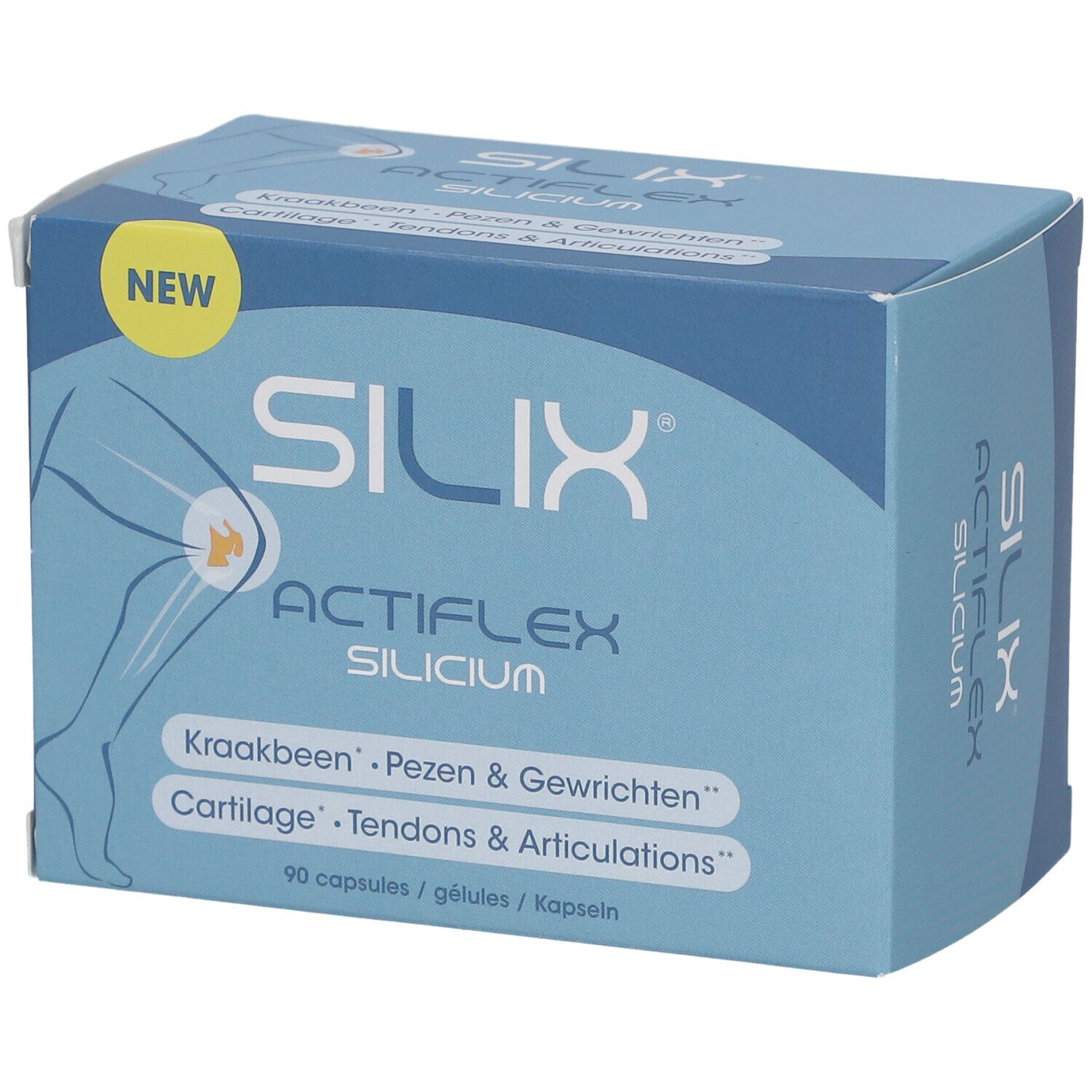 Blau-weiße Schachtel mit "SILIX ACTIFLEX SILICIUM". Enthält 90 Kapseln. Aufschrift: Knorpel, Sehnen & Gelenke.