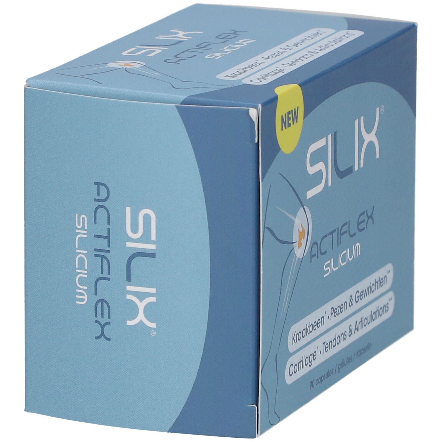 Schachtel "SILIX ACTIFLEX SILICIUM" in blau-weiß. Aufschrift: Knorpel, Sehnen & Gelenke. Enthält 90 Kapseln.