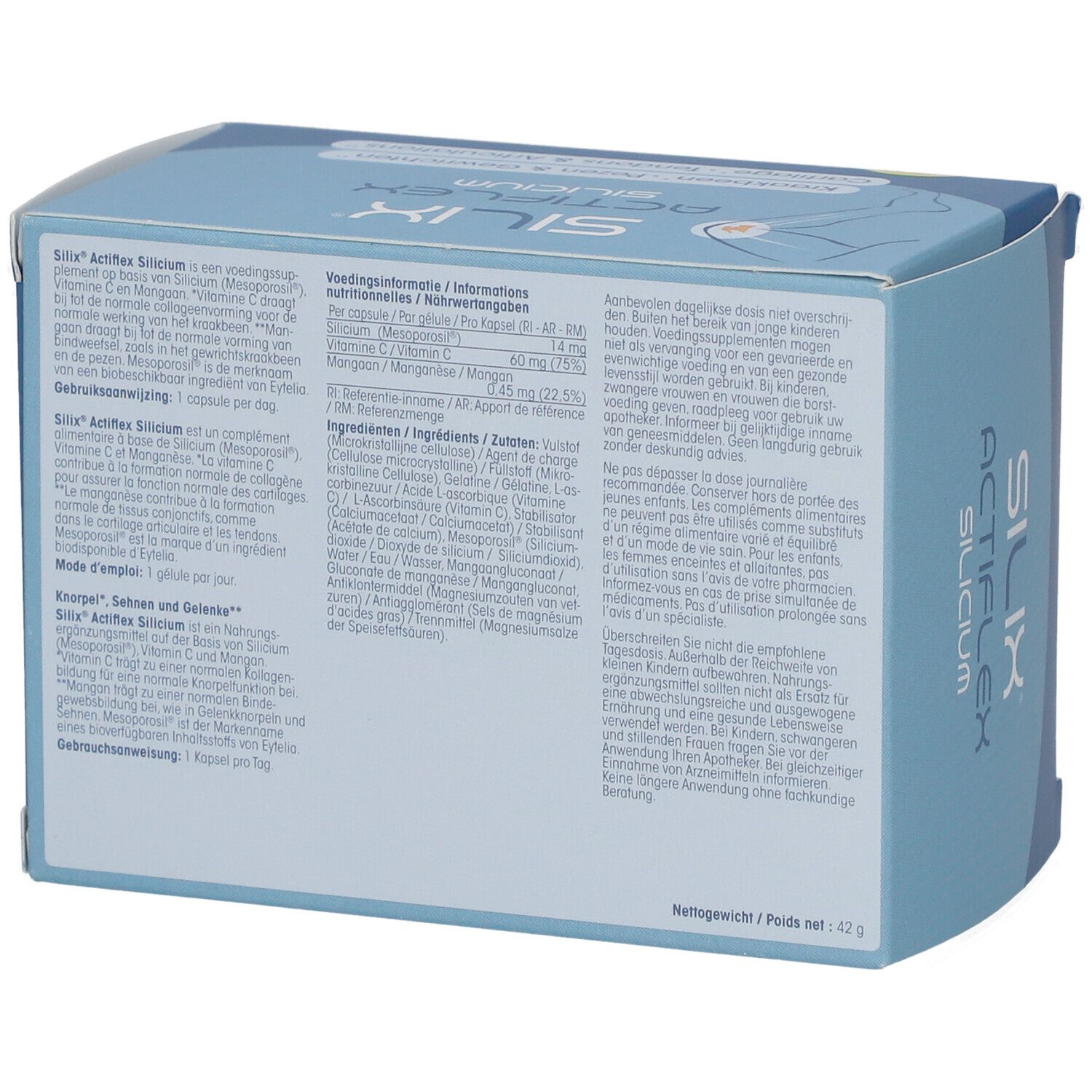 Rückseite der Schachtel "SILIX ACTIFLEX SILICIUM". Text in mehreren Sprachen. Enthält Informationen zu Inhaltsstoffen.
