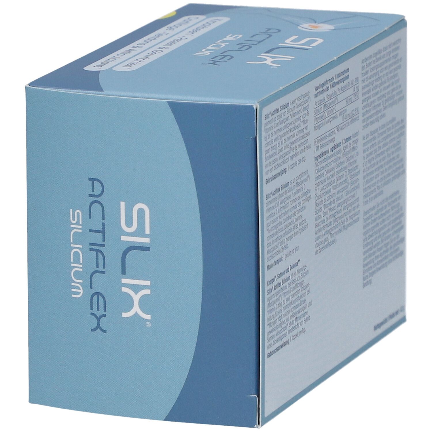 Schachtel "SILIX ACTIFLEX SILICIUM" in blau-weiß. Aufschrift: Knorpel, Sehnen & Gelenke. Text in mehreren Sprachen.