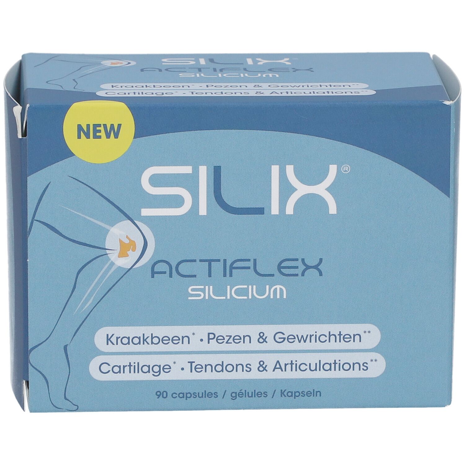 Blau-weiße Schachtel "SILIX ACTIFLEX SILICIUM". Aufschrift: Knorpel, Sehnen & Gelenke. Enthält 90 Kapseln.