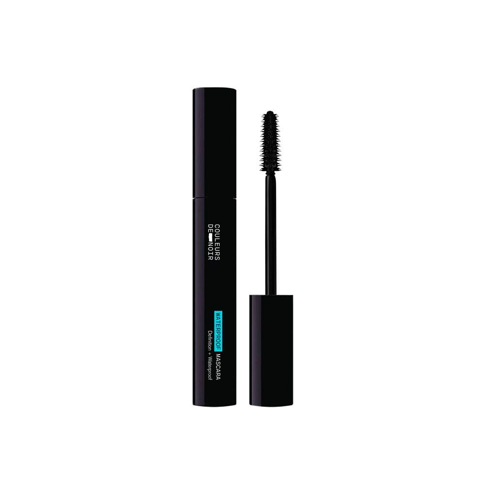 Mascara noir avec brosse. Texte: COULEURS DE NOIR, WATERPROOF MASCARA, 01 Noir.