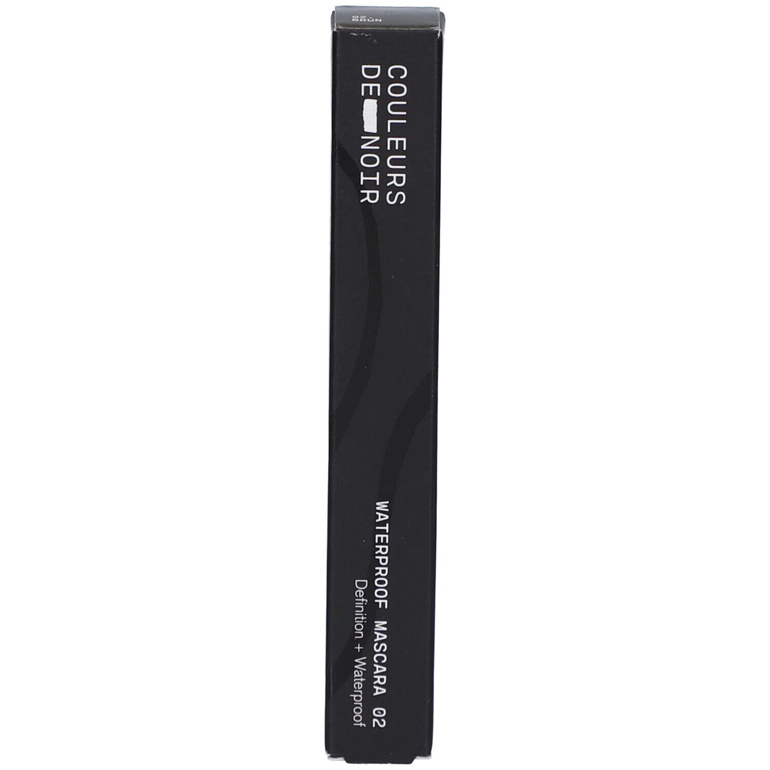 Schwarze Verpackung. Text: COULEURS DE NOIR, WATERPROOF MASCARA 02, Definition + Waterproof.