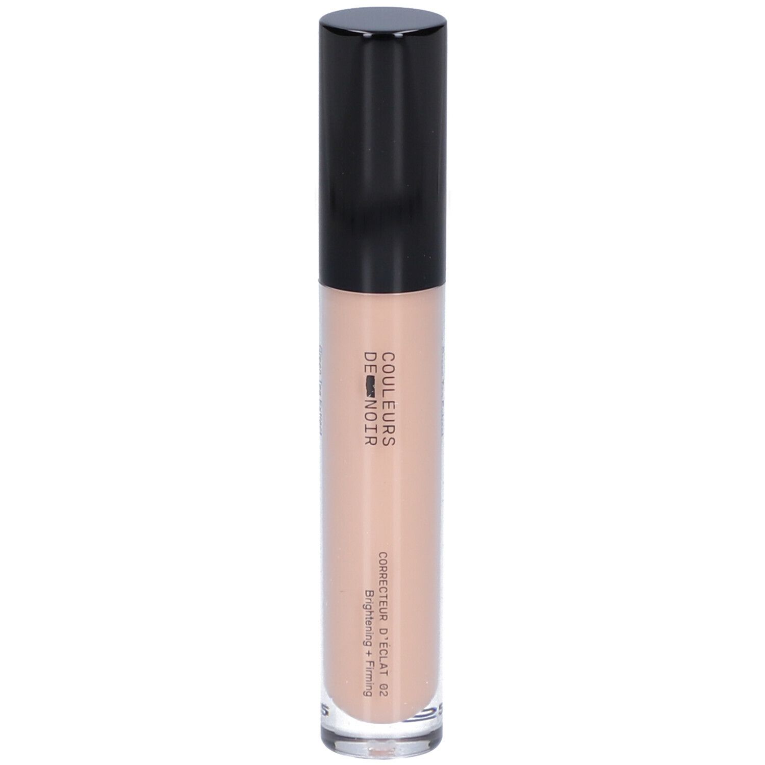 Heller Concealer-Stift mit schwarzem Deckel. Aufschrift: COULEURS DE NOIR, Correcteur d’éclat 02 Naturel. Helle Flüssigkeit.