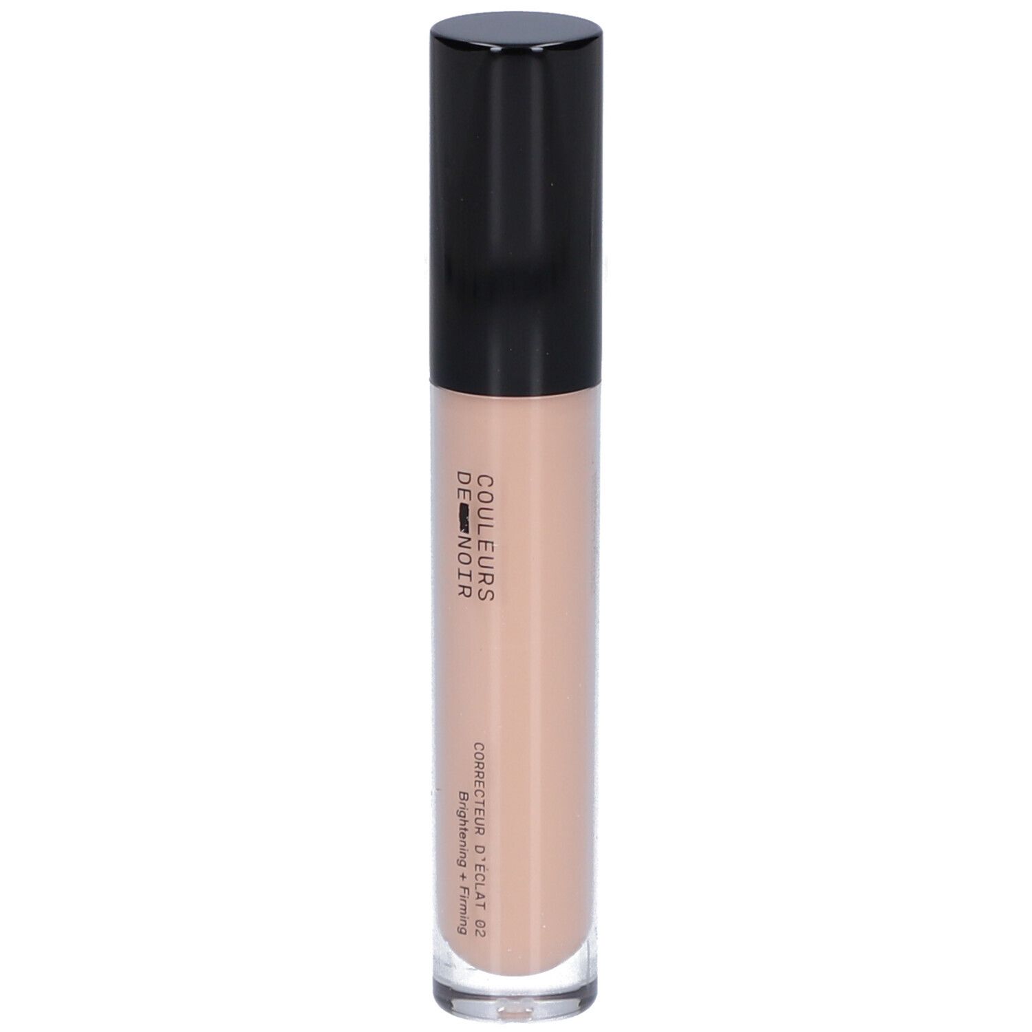 Heller Concealer-Stift mit schwarzem Deckel. Aufschrift: COULEURS DE NOIR, Correcteur d’éclat 02 Naturel. Helle Flüssigkeit.