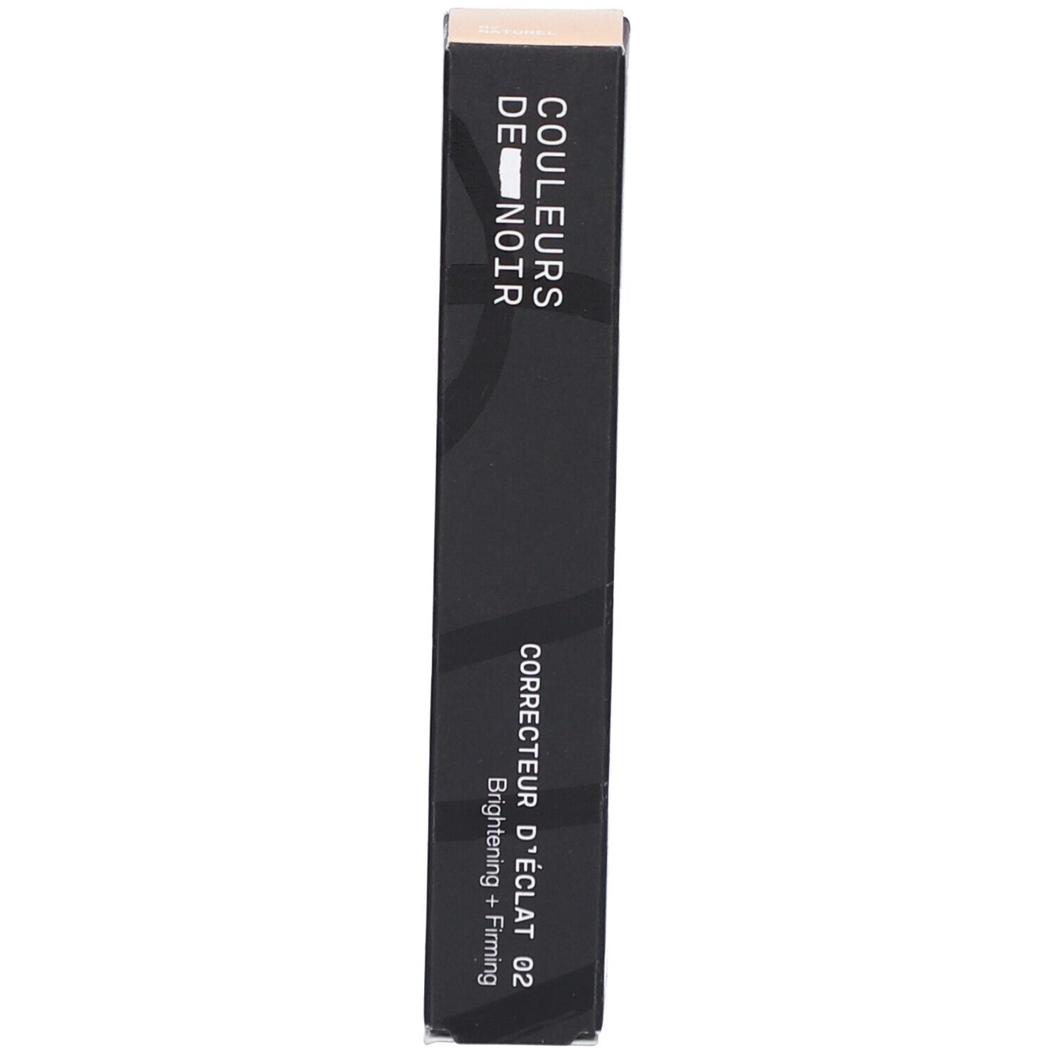 Schwarze Verpackung. Aufschrift: COULEURS DE NOIR, Correcteur d’éclat 02 Naturel.