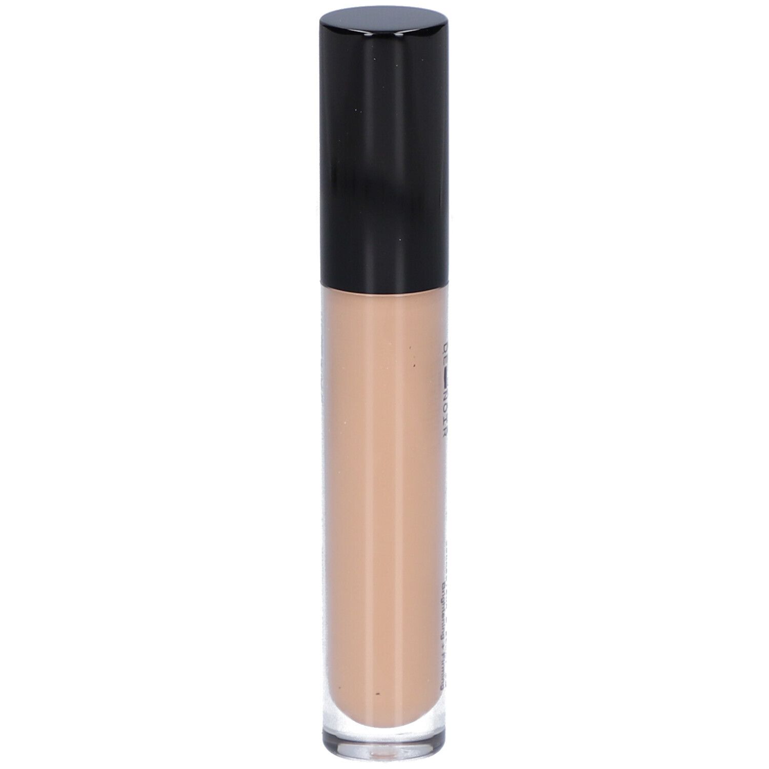 Beige Concealer-Tube mit schwarzem Deckel. Aufschrift nicht sichtbar. Produktansicht von der Seite.