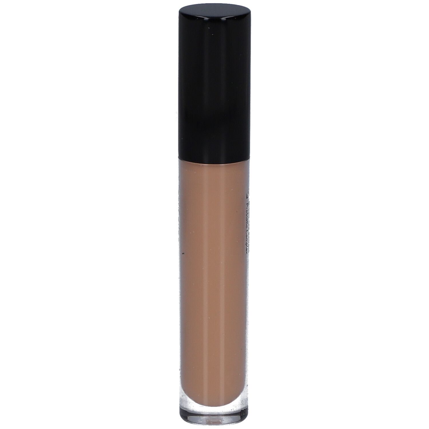 Beige Concealer-Tube mit schwarzem Deckel. Produktansicht von der Seite. Farbton dunkler als die anderen.