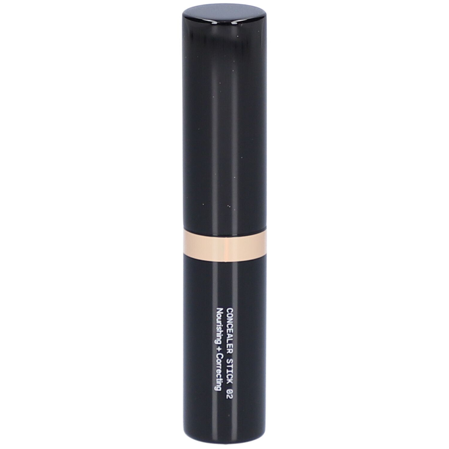 Schwarzer Concealer-Stick mit beigem Band. Aufschrift: CONCEALER STICK 02 Nourishing + Correcting.
