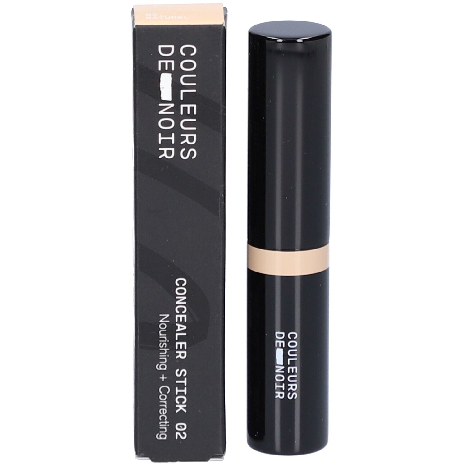 Schwarze Verpackung mit Concealer-Stick. Aufschrift: COULEURS DE NOIR, CONCEALER STICK 02 Nourishing + Correcting.