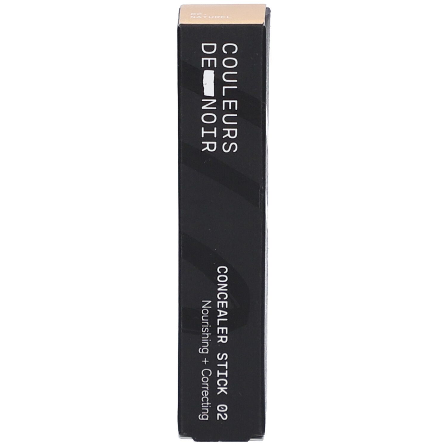 Schwarze Verpackung mit Aufschrift: COULEURS DE NOIR, CONCEALER STICK 02 Nourishing + Correcting.