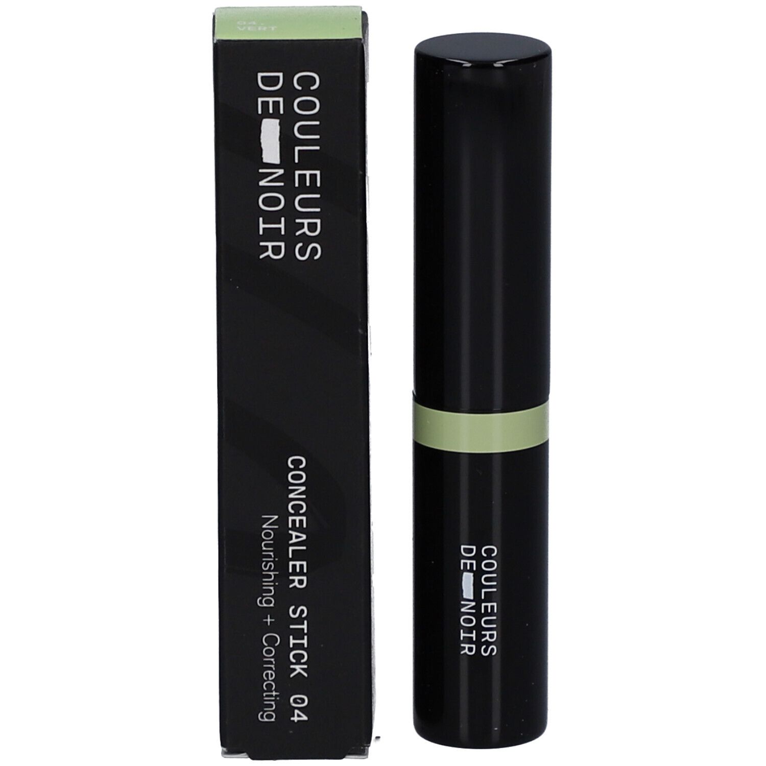 Schwarzer Concealer-Stick und Verpackung. Aufschrift: COULEURS DE NOIR, CONCEALER STICK 04 Nourishing + Correcting.