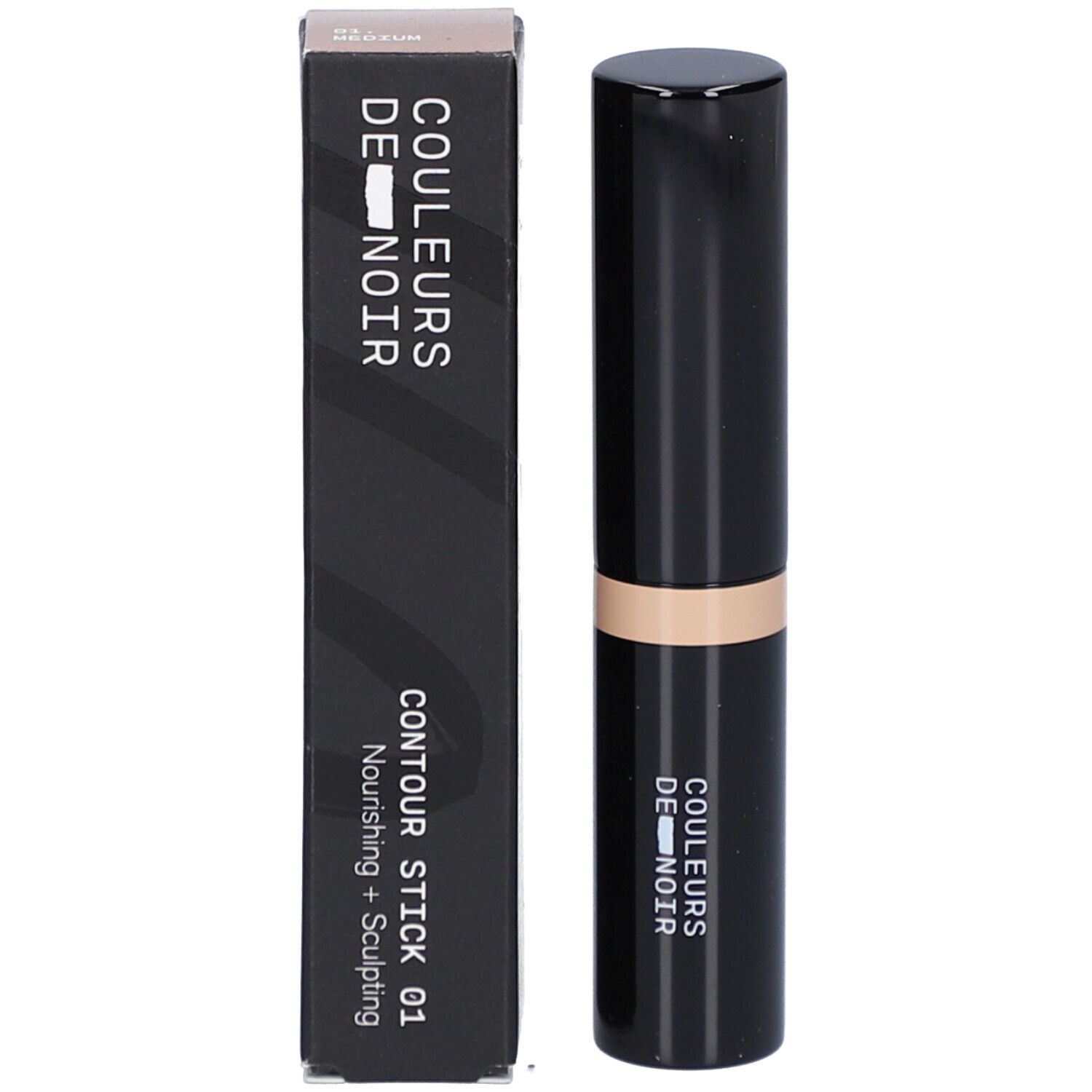 Schwarzer Contour Stick und Verpackung. Aufschrift: COULEURS DE NOIR, CONTOUR STICK 01.