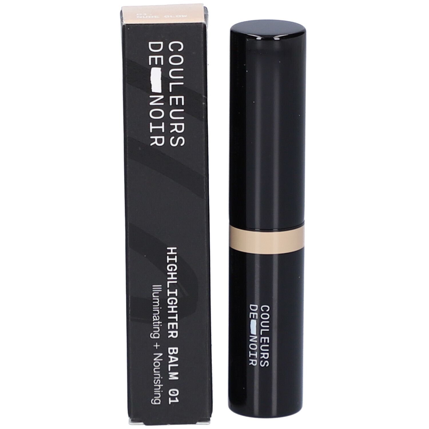 Schwarze Verpackung mit Stift und Aufschrift: Couleurs de Noir. Highlighter Balm 01.
